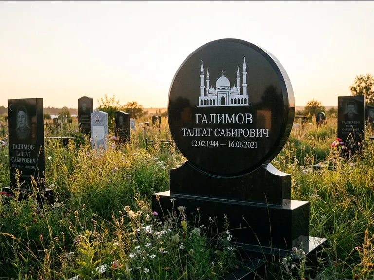 Мусульманский памятник с гравировкой мечети: округлая стела-медальон на тумбе — гравировка мечети в михраб-арке с орнаментом, луговые травы и полевые цветы, работа «Каримов» в Ульяновске