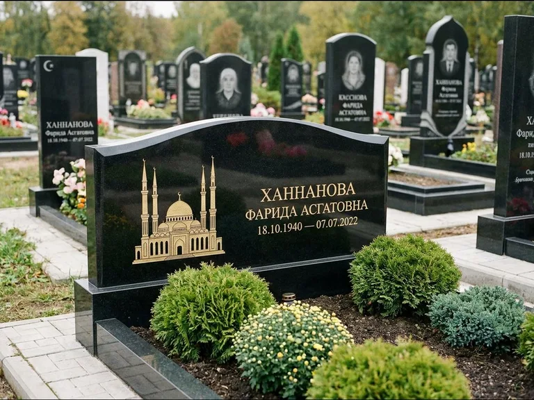 Мусульманский памятник с гравировкой мечети: вытянутая горизонтальная семейная стела с аркой — белая гравировка силуэта мечети с минаретами, участок с декоративными кустами, работа «Гарипова» в Ульяновске
