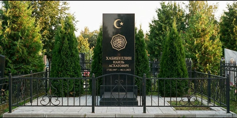 Гравировка на мусульманском памятнике в Ульяновске — стела из чёрного гранита, оформление по канонам ислама