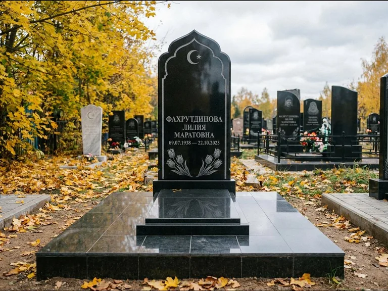 Мусульманский памятник: стела с михраб-навершием в форме арки — гравировка минарета с полумесяцем, гранитный цоколь с тёмной плиткой, работа «Фахрутдинова» в Ульяновске