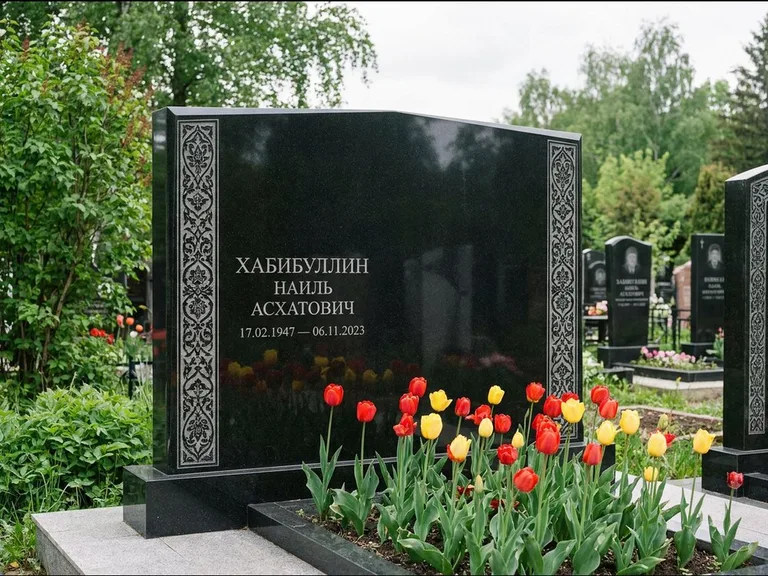 Мусульманский памятник: широкая двойная семейная стела — золочёная гравировка мечети, цветник с тюльпанами, работа «Хабибуллин» в Ульяновске