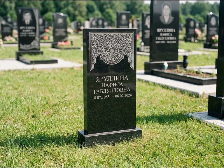 Мусульманский памятник: небольшая скромная невысокая стела — золочёная гравировка мечети, аккуратный участок с газоном, работа «Фахрутдинова» в Ульяновске