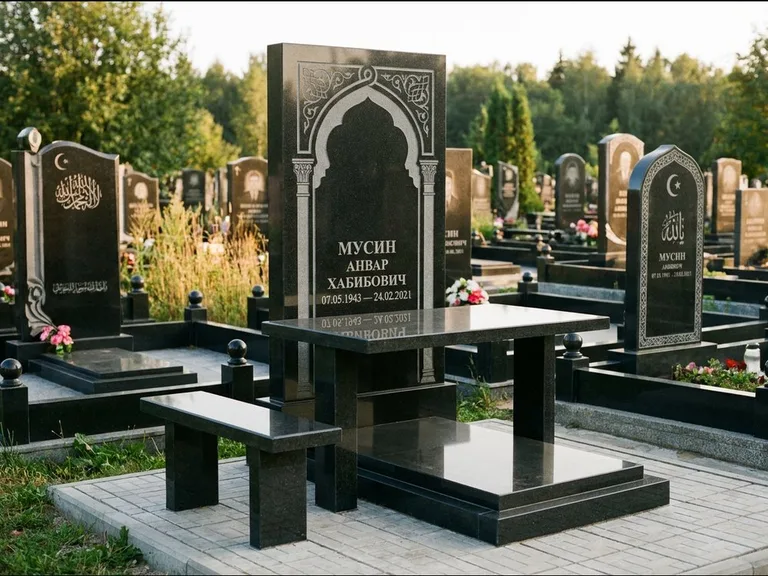 Мусульманский памятник: стела с гранитным столиком и скамьёй — гравировка мечети под полумесяцем и звёздами, семейный участок с плиткой, работа «Гимаев» в Ульяновске