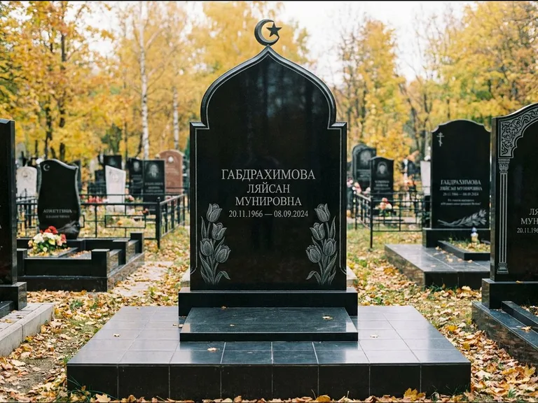 Мусульманский памятник: массивная стела с михраб-навершием — белая гравировка силуэта мечети с минаретами, цоколь тёмной плиткой, работа «Магомедова» в Ульяновске