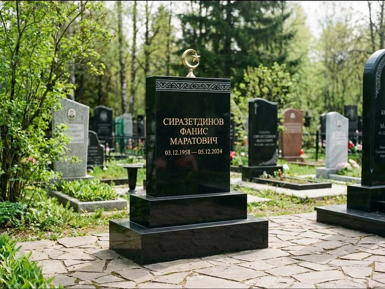 Мусульманский памятник: ступенчатая трёхуровневая стела — золочёная гравировка мечети, дорожка из природного плитняка, работа «Мустафин» в Ульяновске