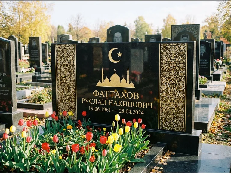 Мусульманский памятник: широкая панорамная стела с золочёным орнаментом — гравировка минарета с полумесяцем, цветник с тюльпанами, работа «Сулейманов» в Ульяновске