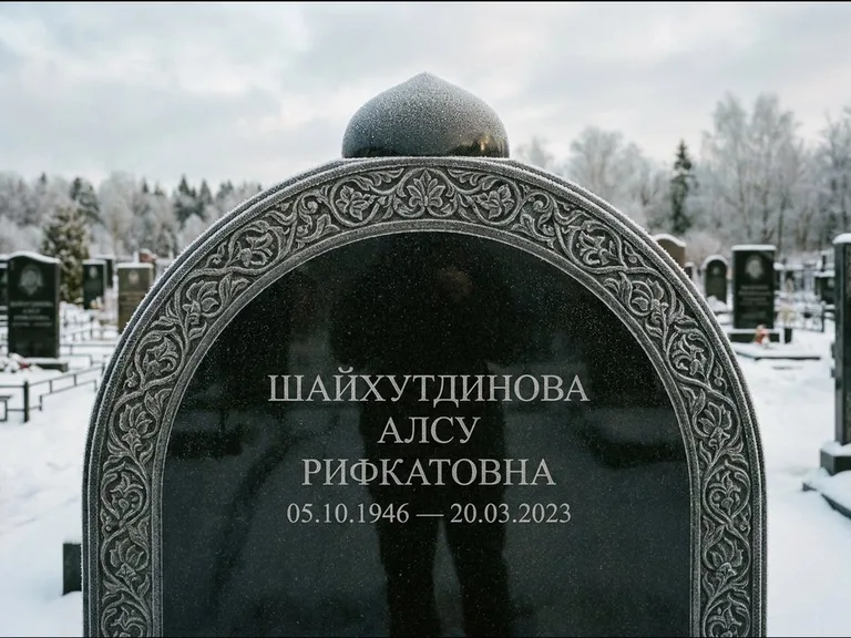 Мусульманский памятник: полукруглая стела с купольным навершием — гравировка мечети под полумесяцем и звёздами, заснеженный зимний участок, работа «Ганиева» в Ульяновске