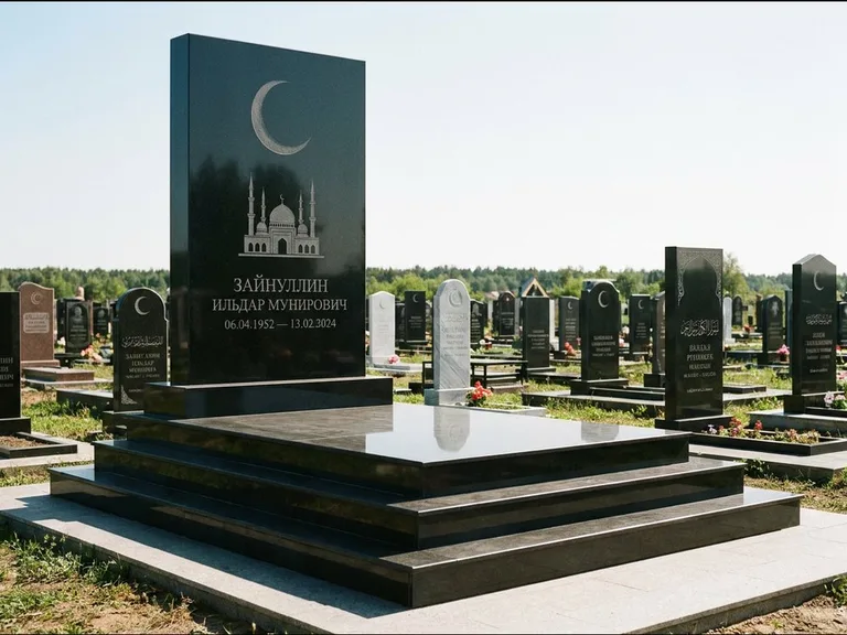 Мусульманский памятник: массивная стела на ступенчатом постаменте — гравировка мечети под полумесяцем и звёздами, гранитная площадка без ограды, работа «Хабибуллин» в Ульяновске