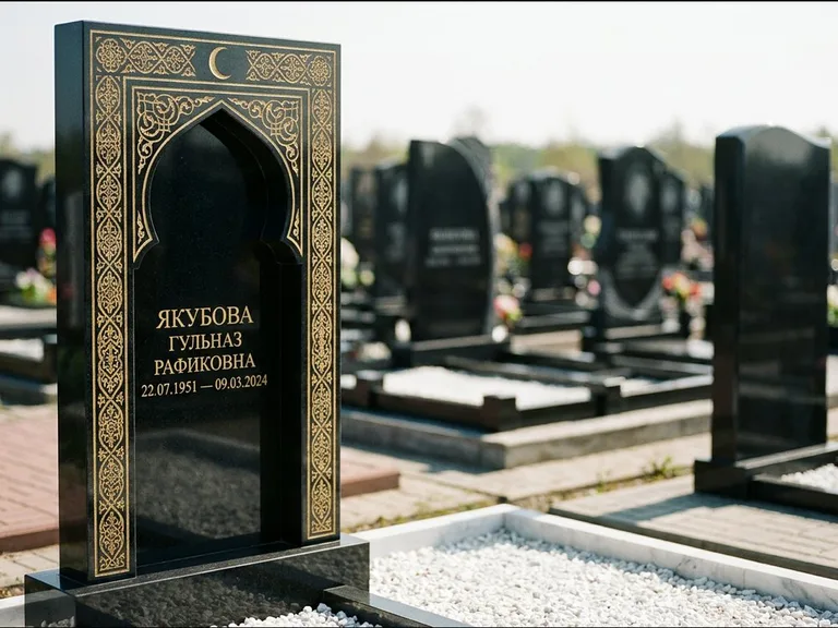 Мусульманский памятник: стела в форме михраба с глубокой нишей и золочёным орнаментом — детализированная гравировка мечети Кул-Шариф, участок с белой мраморной крошкой, работа «Мустафин» в Ульяновске