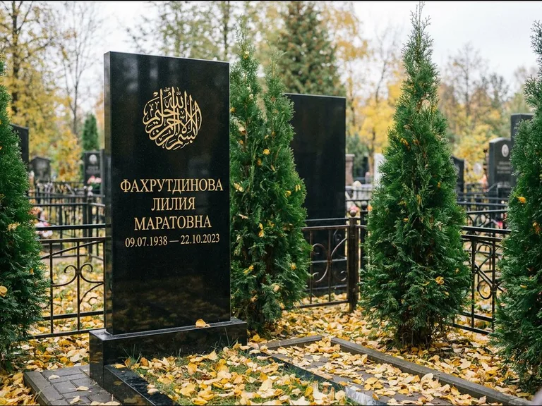 Мусульманский памятник — шахада в верхней части стелы, работа «Фахрутдинова» в Ульяновске
