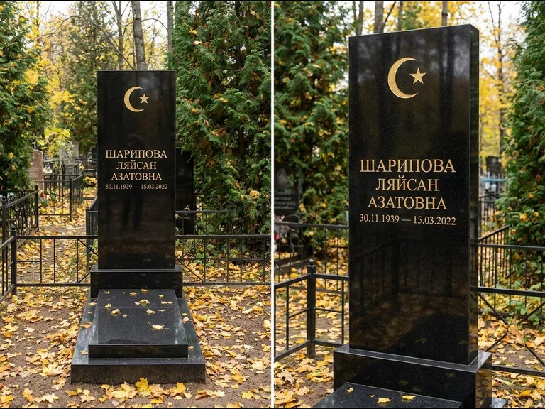 Памятник с гравировкой полумесяца — золочёная гравировка полумесяца со звездой в верхней части с, работа «Шарипова» в Ульяновске