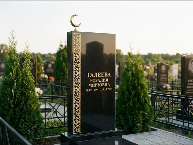 Памятник с гравировкой полумесяца — золочёный полумесяц и колонна растительного орнамента-ислими, работа «Галеева» в Ульяновске