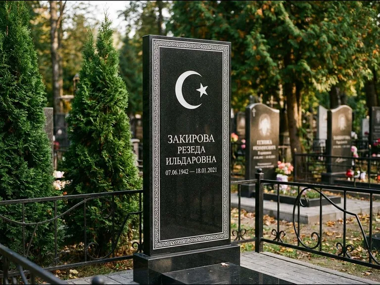 Памятник с гравировкой полумесяца — строгая белая гравировка полумесяца со звездой и орнаменталь, работа «Закирова» в Ульяновске