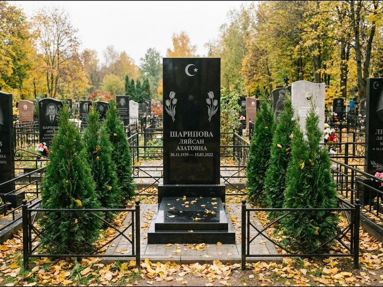 Памятник с гравировкой полумесяца — гравировка полумесяца со звездой и тюльпанами по бокам, работа «Шарипова» в Ульяновске
