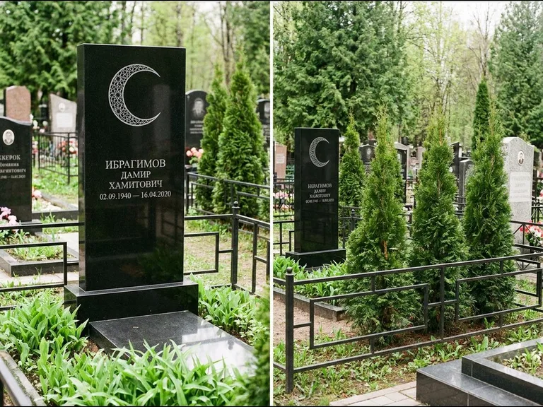 Памятник с гравировкой полумесяца — гравировка полумесяца в геометрическом орнаменте-гирихе, работа «Ибрагимов» в Ульяновске