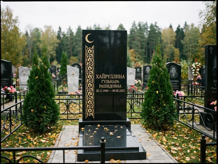 Памятник с гравировкой полумесяца — золочёный полумесяц и колонна растительного орнамента-ислими, работа «Хайруллина» в Ульяновске