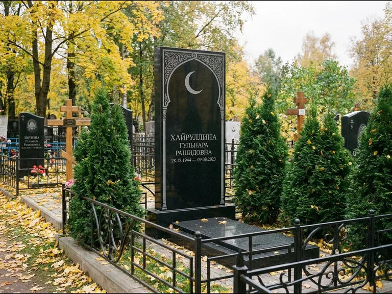 Памятник с гравировкой полумесяца — гравировка полумесяца в восточной арке с орнаментом, работа «Хайруллина» в Ульяновске