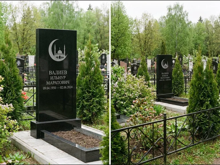 Памятник с гравировкой полумесяца — гравировка полумесяца над силуэтом мечети, работа «Валиев» в Ульяновске
