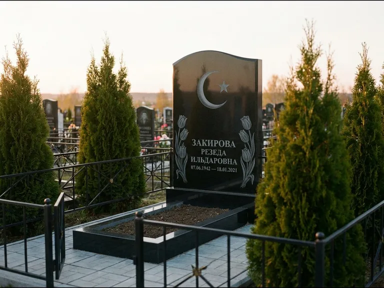 Памятник с гравировкой полумесяца — гравировка полумесяца со звездой и тюльпанами по бокам, работа «Закирова» в Ульяновске