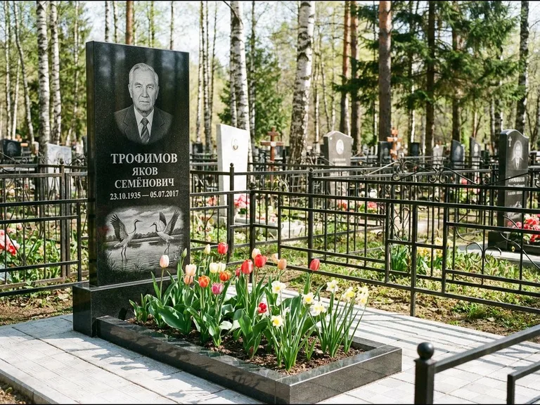 Памятник с гравировкой журавлей — гравировка пары журавлей над гладью озера в нижней части, работа «Трофимов» в Ульяновске