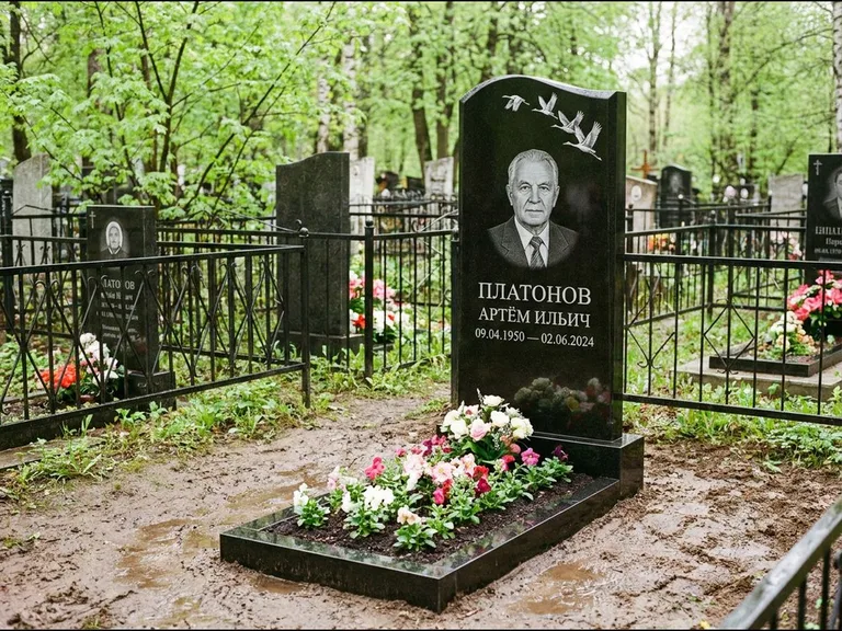 Памятник с гравировкой журавлей — белая гравировка клина журавлей, уходящего в верхний угол ст, работа «Платонов» в Ульяновске
