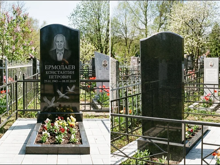Памятник с гравировкой журавлей — гравировка трёх журавлей по диагонали через свободное поле с, работа «Ермолаев» в Ульяновске