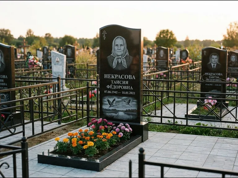 Памятник с гравировкой журавлей — гравировка пары журавлей над гладью озера в нижней части, работа «Некрасова» в Ульяновске