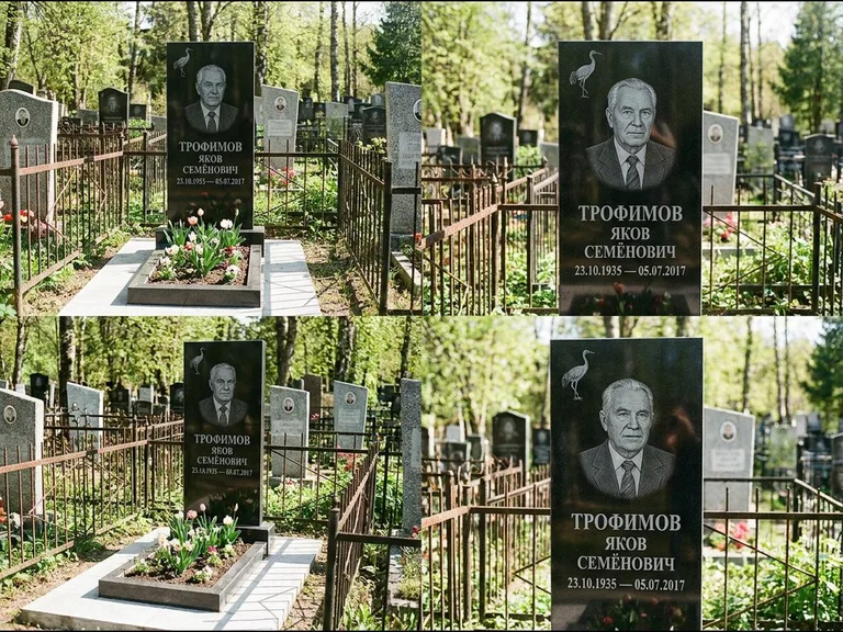Памятник с гравировкой журавлей — гравировка одиночного летящего журавля над портретом, работа «Трофимов» в Ульяновске
