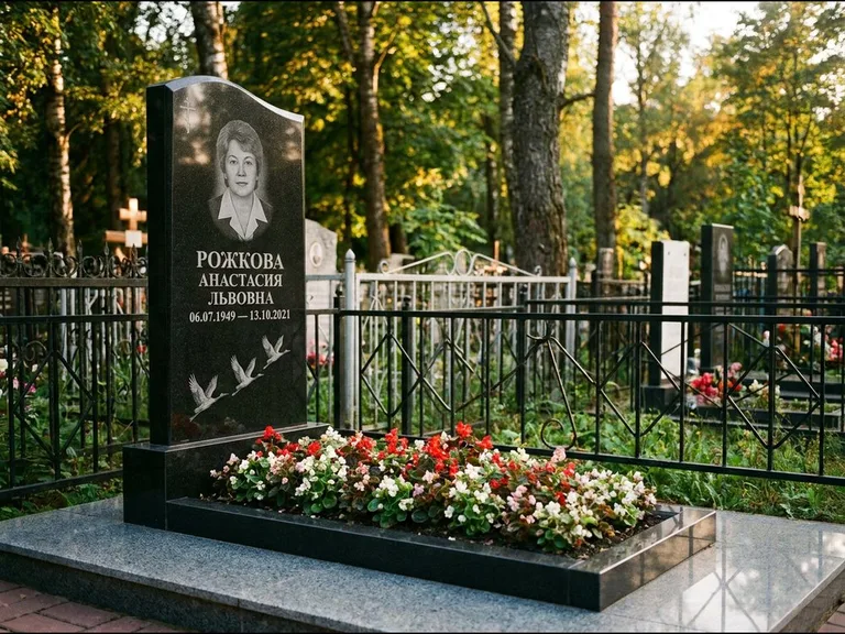 Памятник с гравировкой журавлей — гравировка трёх журавлей по диагонали через свободное поле с, работа «Рожкова» в Ульяновске