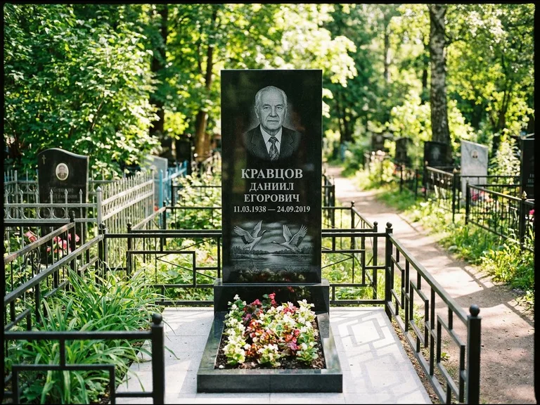 Памятник с гравировкой журавлей — гравировка пары журавлей над гладью озера в нижней части, работа «Кравцов» в Ульяновске