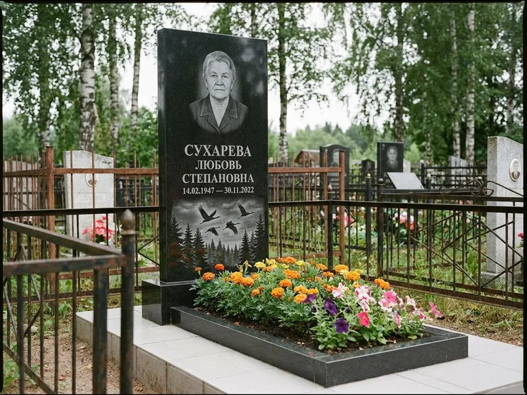Памятник с гравировкой журавлей — гравировка силуэтов журавлей над еловым лесом, работа «Сухарева» в Ульяновске