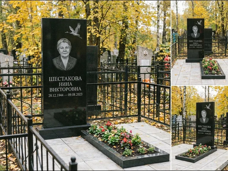 Памятник с гравировкой журавлей — гравировка одиночного летящего журавля над портретом, работа «Шестакова» в Ульяновске