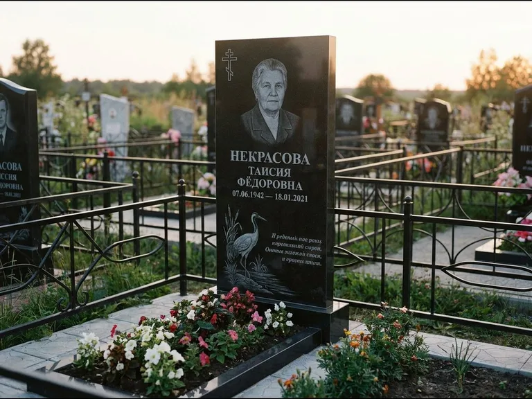 Памятник с гравировкой журавлей — гравировка журавля у камышей рядом с эпитафией, работа «Некрасова» в Ульяновске