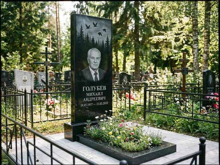 Памятник с гравировкой журавлей — гравировка силуэтов журавлей над еловым лесом, работа «Голубев» в Ульяновске