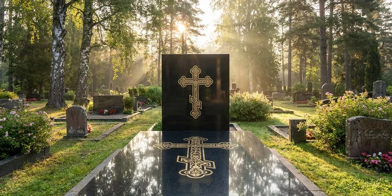 Гравировка креста на памятнике в Ульяновске — православный восьмиконечный крест на граните
