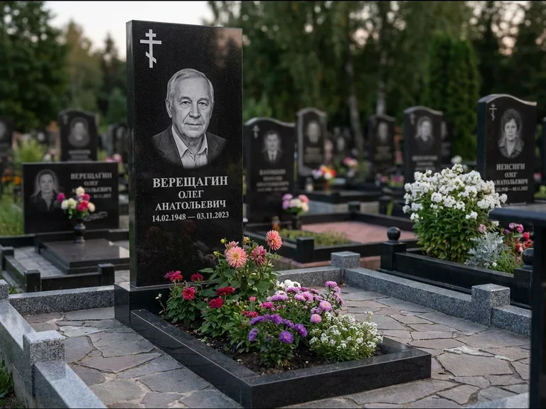Памятник из чёрного гранита — горизонтальная плита-стела с православным восьмиконечным крестом, работа «Тихонов» в Ульяновске