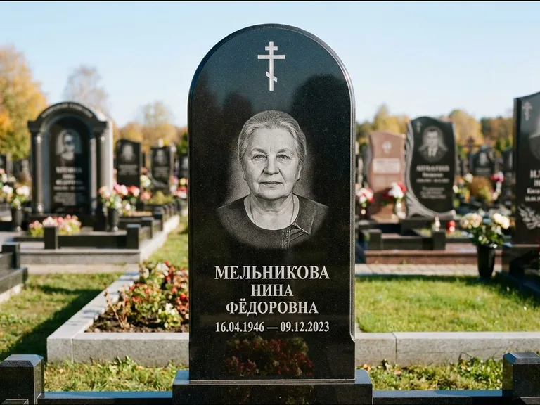 Памятник из чёрного гранита — стела с резным навершием с латинским крестом, работа «Савельева» в Ульяновске