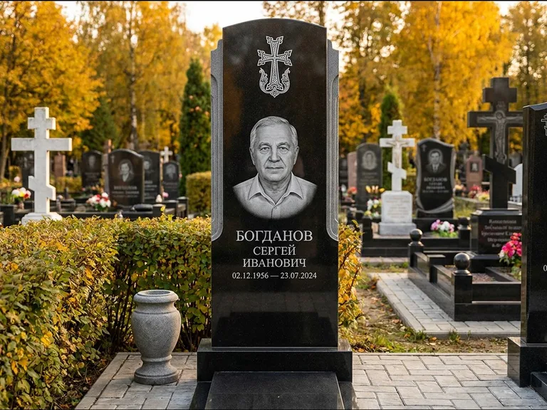 Памятник из чёрного гранита — круглая стела-медальон с армянским хачкаром, работа «Ковалёв» в Ульяновске