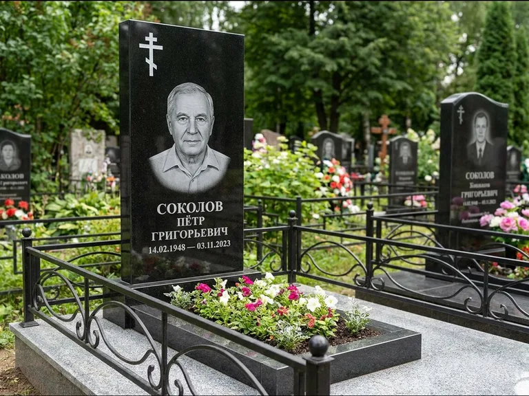 Памятник из чёрного гранита — стела с арочным верхом с православным восьмиконечным крестом, работа «Ковалёв» в Ульяновске