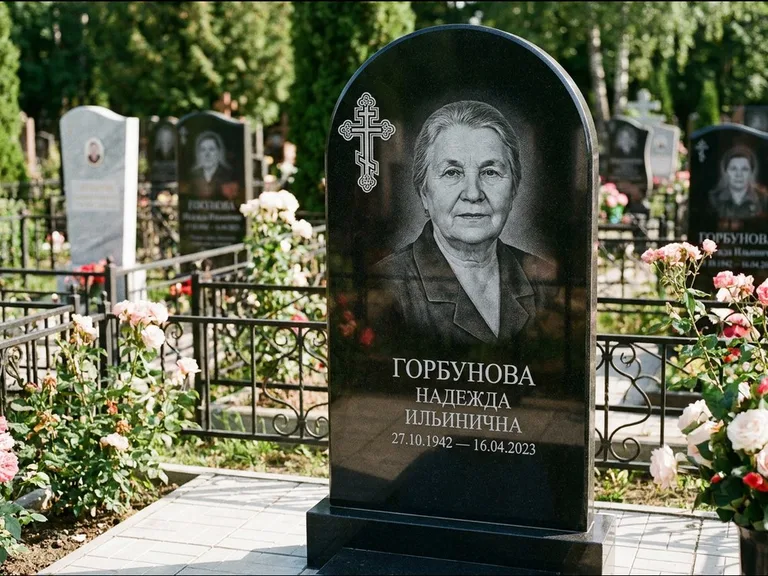Памятник из чёрного гранита — стела с боковой колонной с крестом в лучах, работа «Мельникова» в Ульяновске