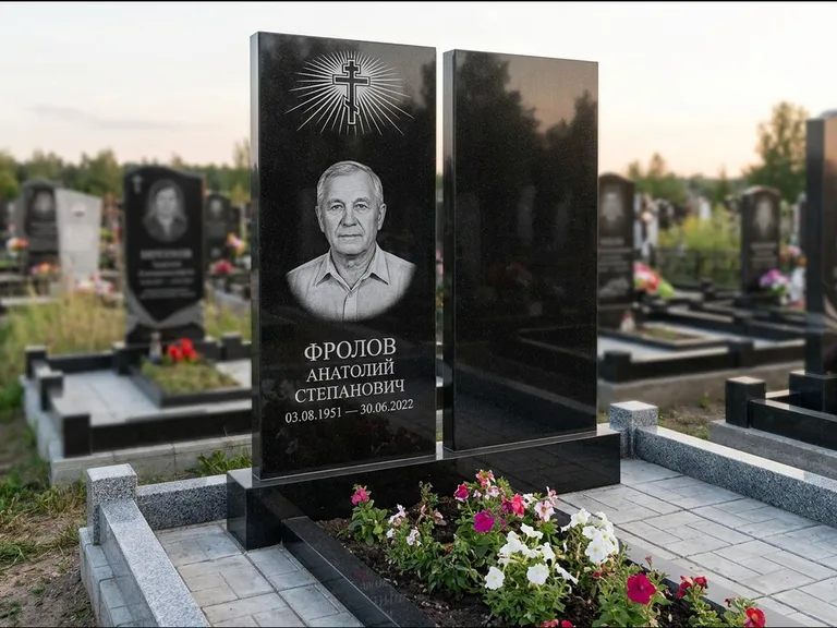 Памятник из чёрного гранита — стела на ступенчатом постаменте с золочёным крестом, работа «Богданов» в Ульяновске