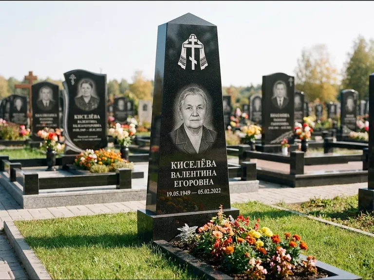 Памятник из чёрного гранита — стела со скошенным верхом с ажурным резным крестом, работа «Селезнёва» в Ульяновске