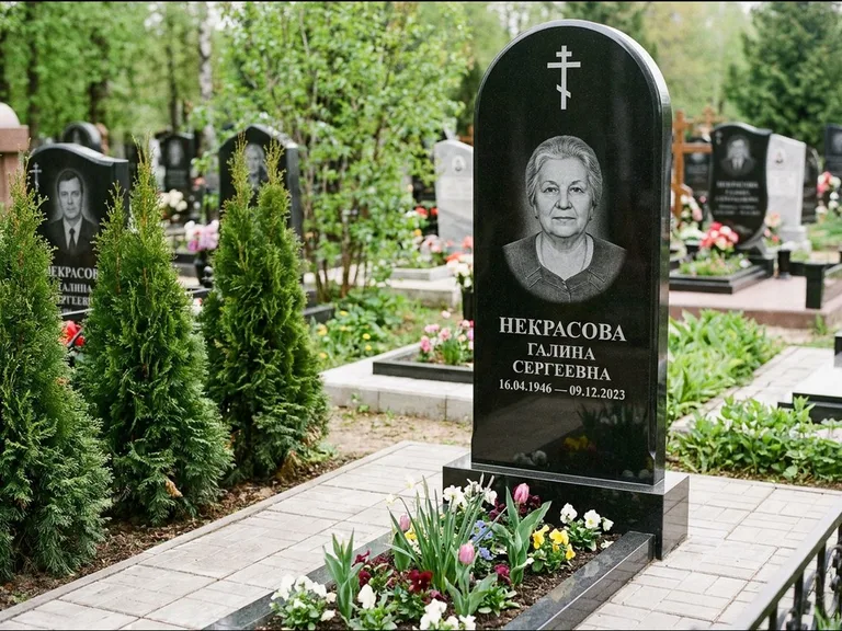 Памятник из чёрного гранита — стела с цветником-плитой с латинским крестом, работа «Лаврентьева» в Ульяновске