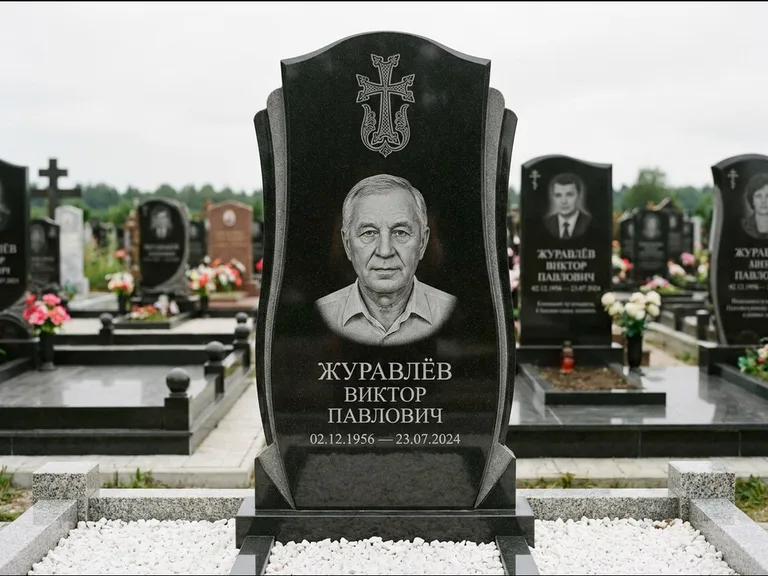 Памятник из чёрного гранита — панорамная стела с армянским хачкаром, работа «Тихонов» в Ульяновске