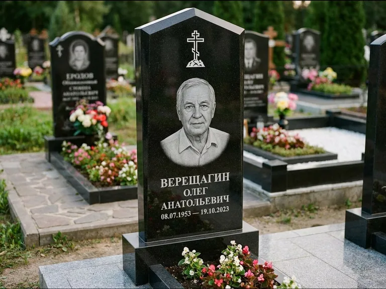 Памятник из чёрного гранита — обелиск-колонна с крестом на Голгофе, работа «Ковалёв» в Ульяновске