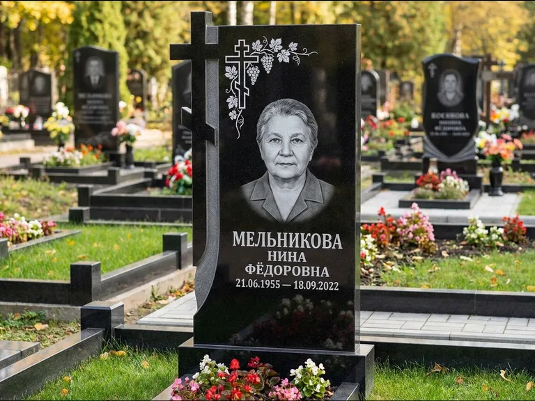 Памятник из чёрного гранита — стела с резной рамкой с крестом с распятием, работа «Некрасова» в Ульяновске