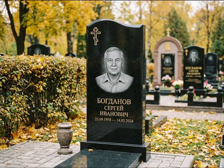 Памятник из чёрного гранита — стела с цветником с процветшим крестом с виноградной лозой, работа «Журавлёв» в Ульяновске