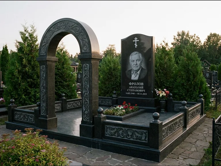 Памятник из чёрного гранита — высокая стела с процветшим крестом с православным восьмиконечным крестом, работа «Панкратов» в Ульяновске