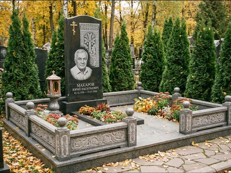 Памятник из чёрного гранита — стела с крестом и лампадой с армянским хачкаром, работа «Гущин» в Ульяновске