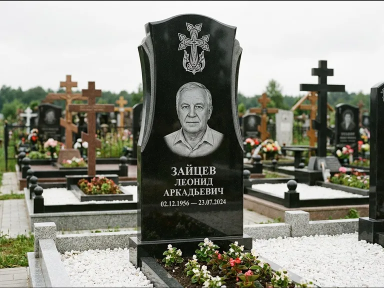Памятник из чёрного гранита — семейная стела на двоих с армянским хачкаром, работа «Журавлёв» в Ульяновске